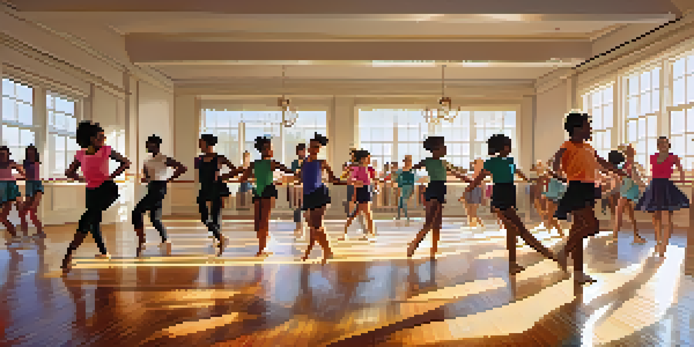 A diverse group of people dancing joyfully in a sunlit studio, showcasing unity and happiness.