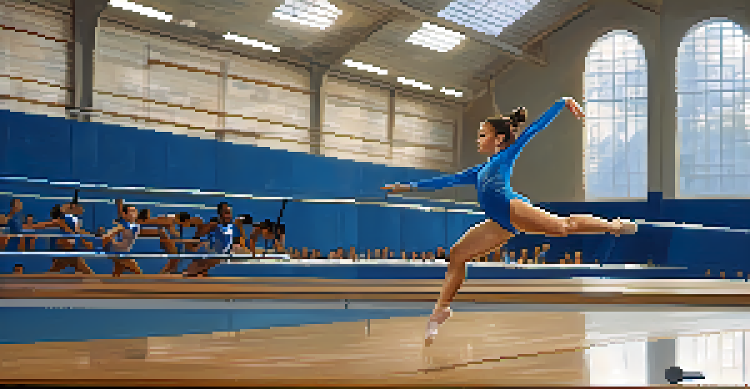A gymnast in a blue leotard performing on a balance beam, with reflections in mirrored walls and sunlight streaming through windows.