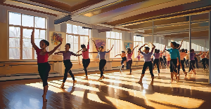 A lively dance classroom with diverse students practicing contemporary dance, illuminated by sunlight.