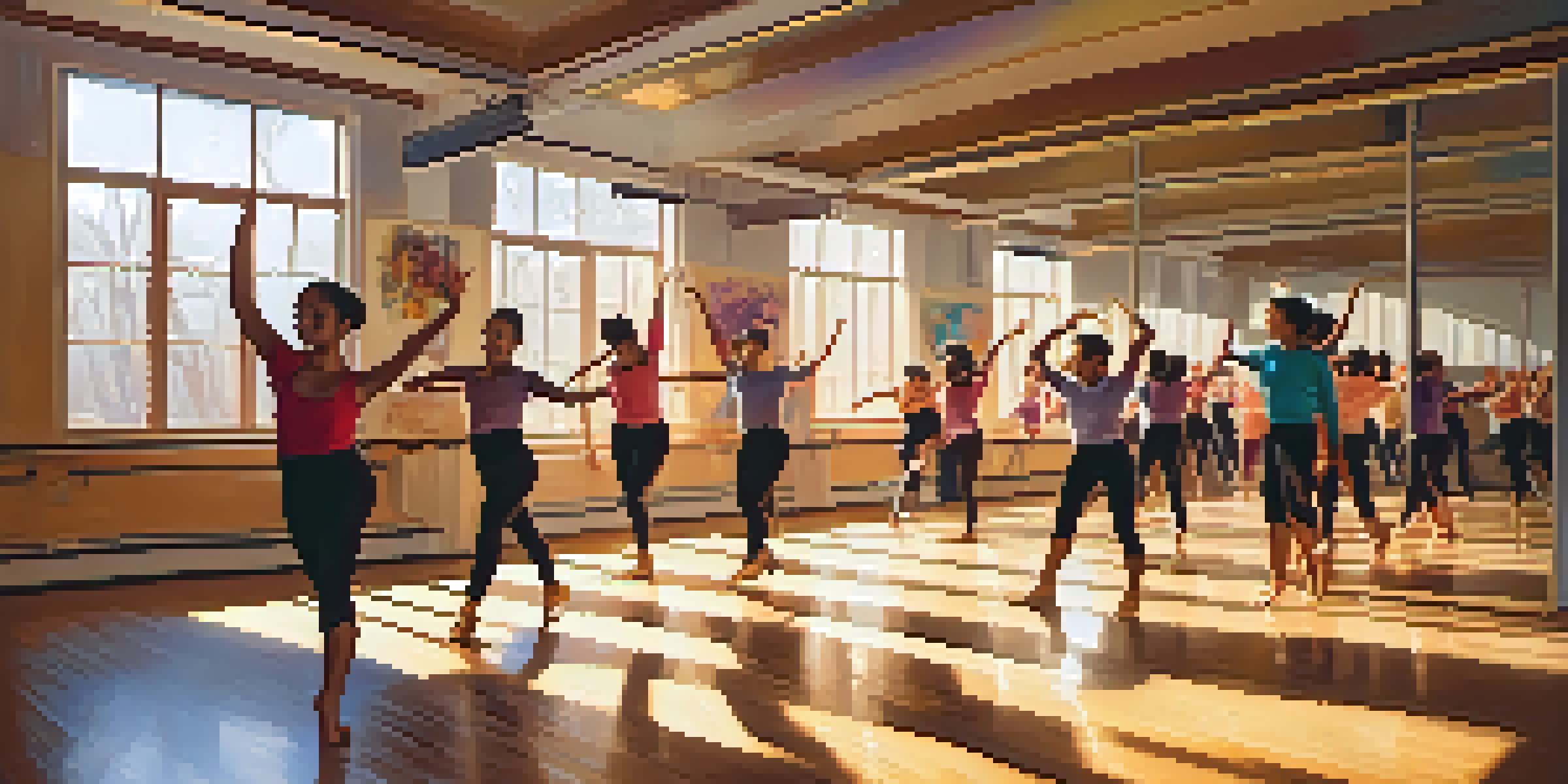 A lively dance classroom with diverse students practicing contemporary dance, illuminated by sunlight.