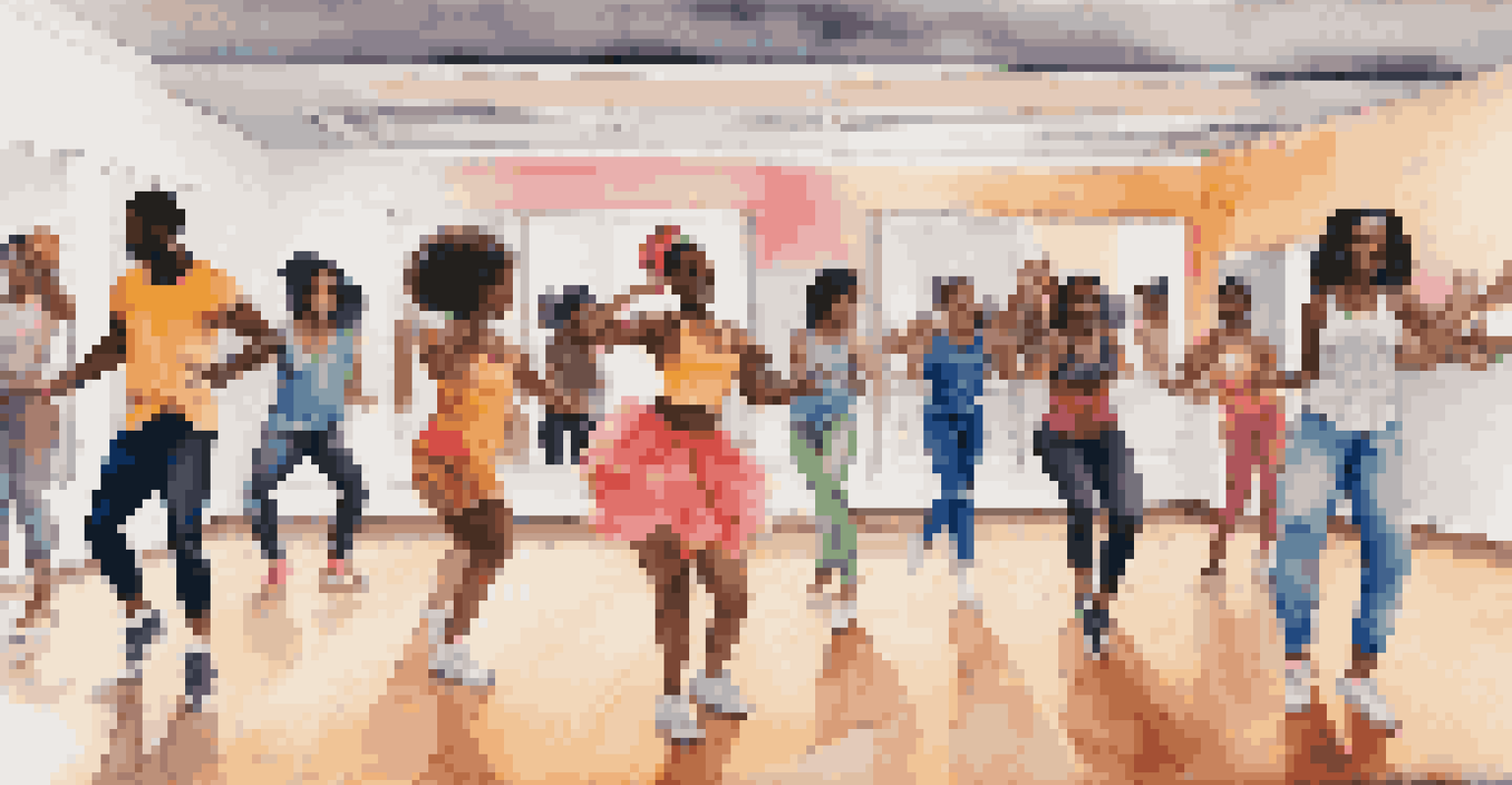 A dance class focusing on Afrobeats, with diverse dancers in colorful outfits practicing energetic moves in a mirrored studio.