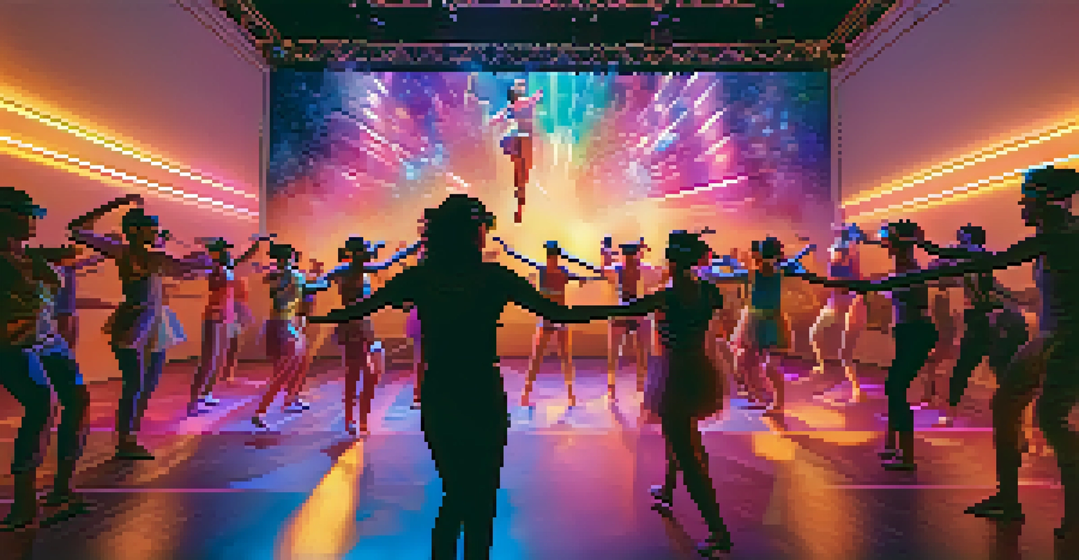 A viewer's perspective of an immersive dance performance with floating dancers and dynamic lighting.