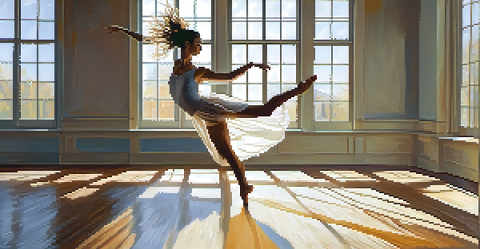 A young woman dancing in a sunlit studio, captured mid-air in a graceful pose, with wooden floors and abstract art on the walls.