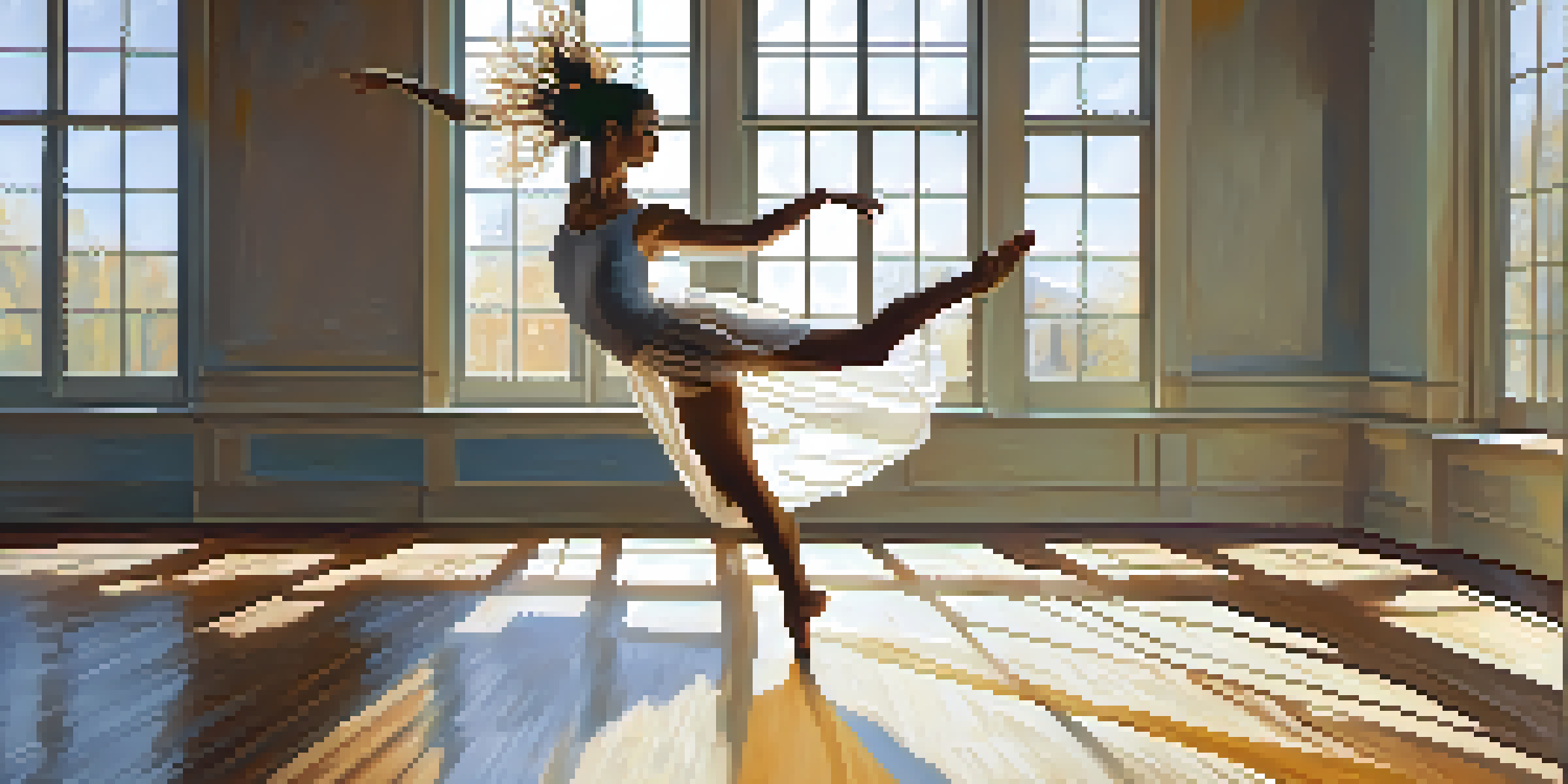 A young woman dancing in a sunlit studio, captured mid-air in a graceful pose, with wooden floors and abstract art on the walls.