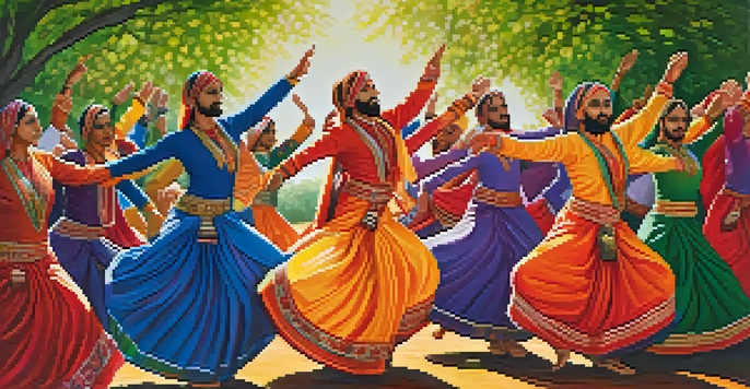 A group of dancers performing Bhangra in colorful attire during a harvest festival in a sunny green field.