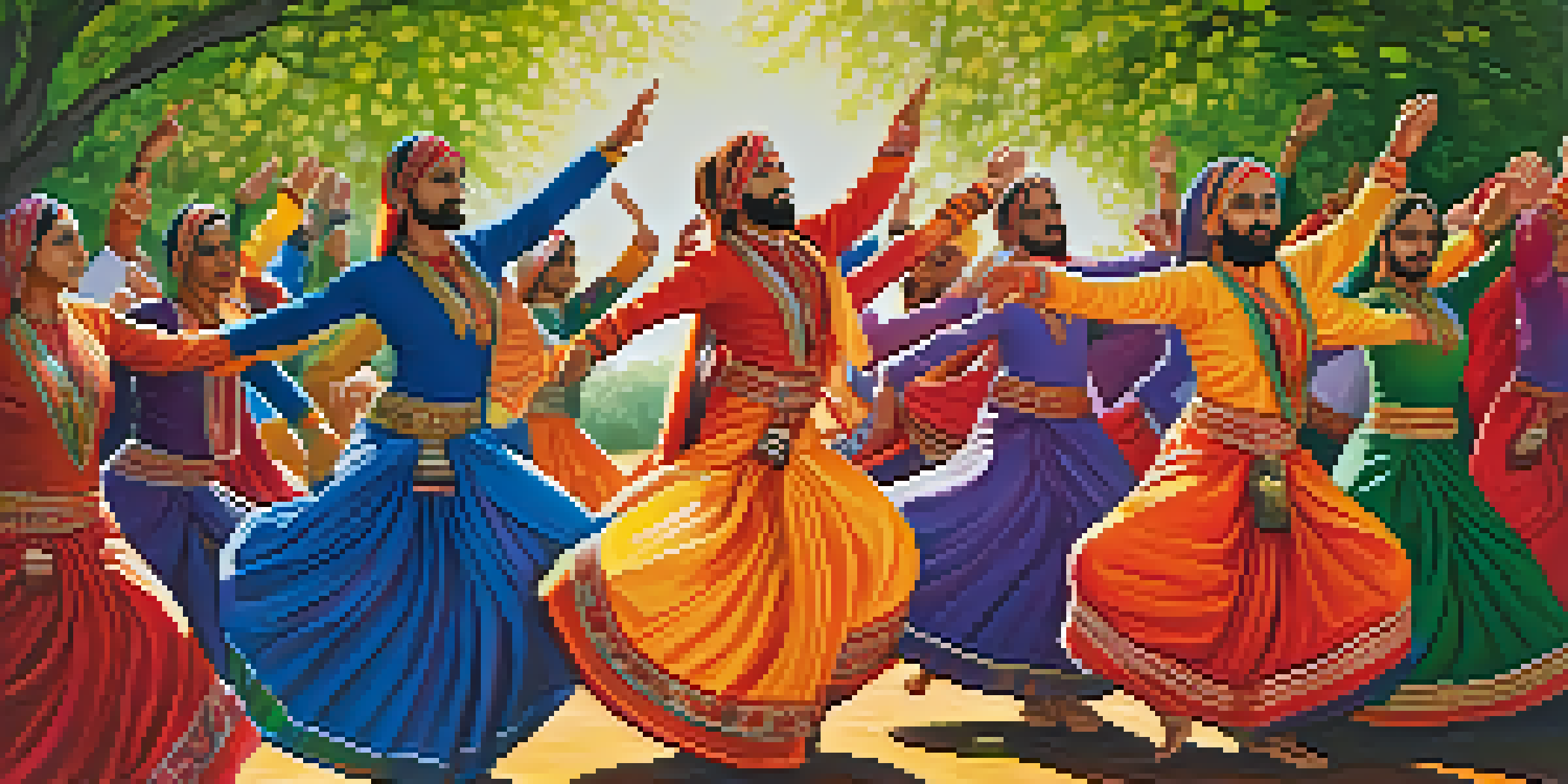 A group of dancers performing Bhangra in colorful attire during a harvest festival in a sunny green field.