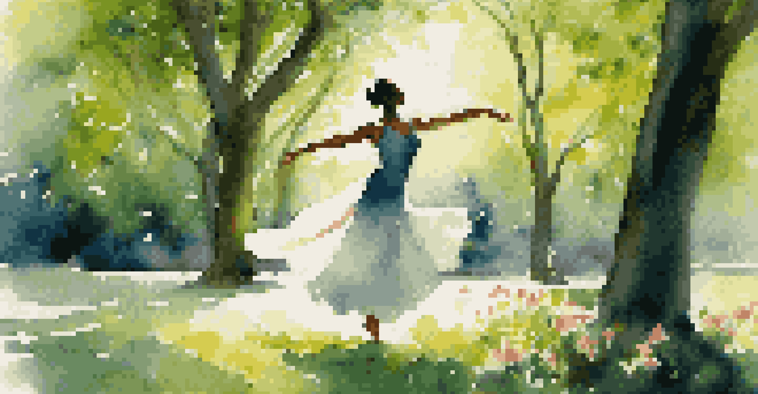 A solo dancer performing in a lush green park surrounded by flowers and trees, with sunlight filtering through the leaves, creating a serene atmosphere.