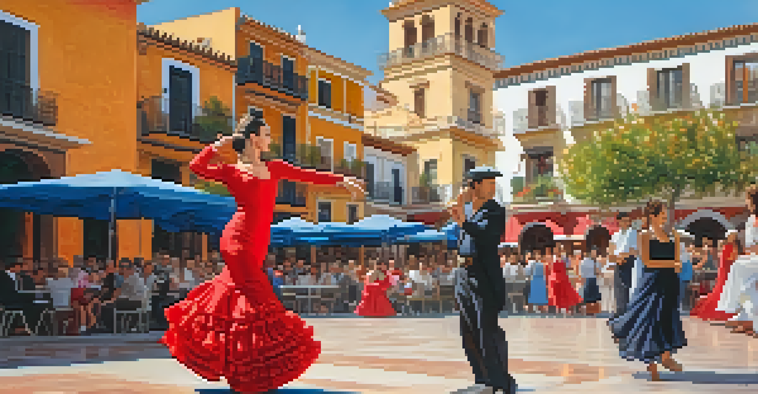 A Flamenco dancer in a red dress performing in a sunny plaza, surrounded by historic buildings and colorful flowers.