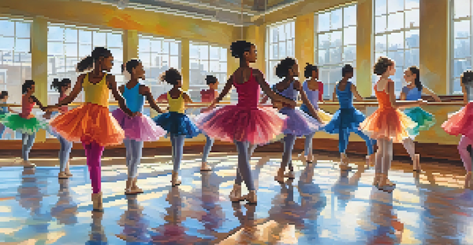 A lively dance studio with diverse youth practicing together, surrounded by mirrors and colorful posters, illuminated by soft natural light.