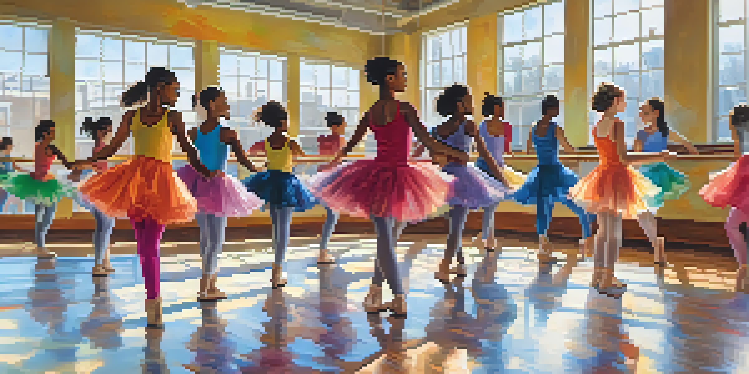 A lively dance studio with diverse youth practicing together, surrounded by mirrors and colorful posters, illuminated by soft natural light.