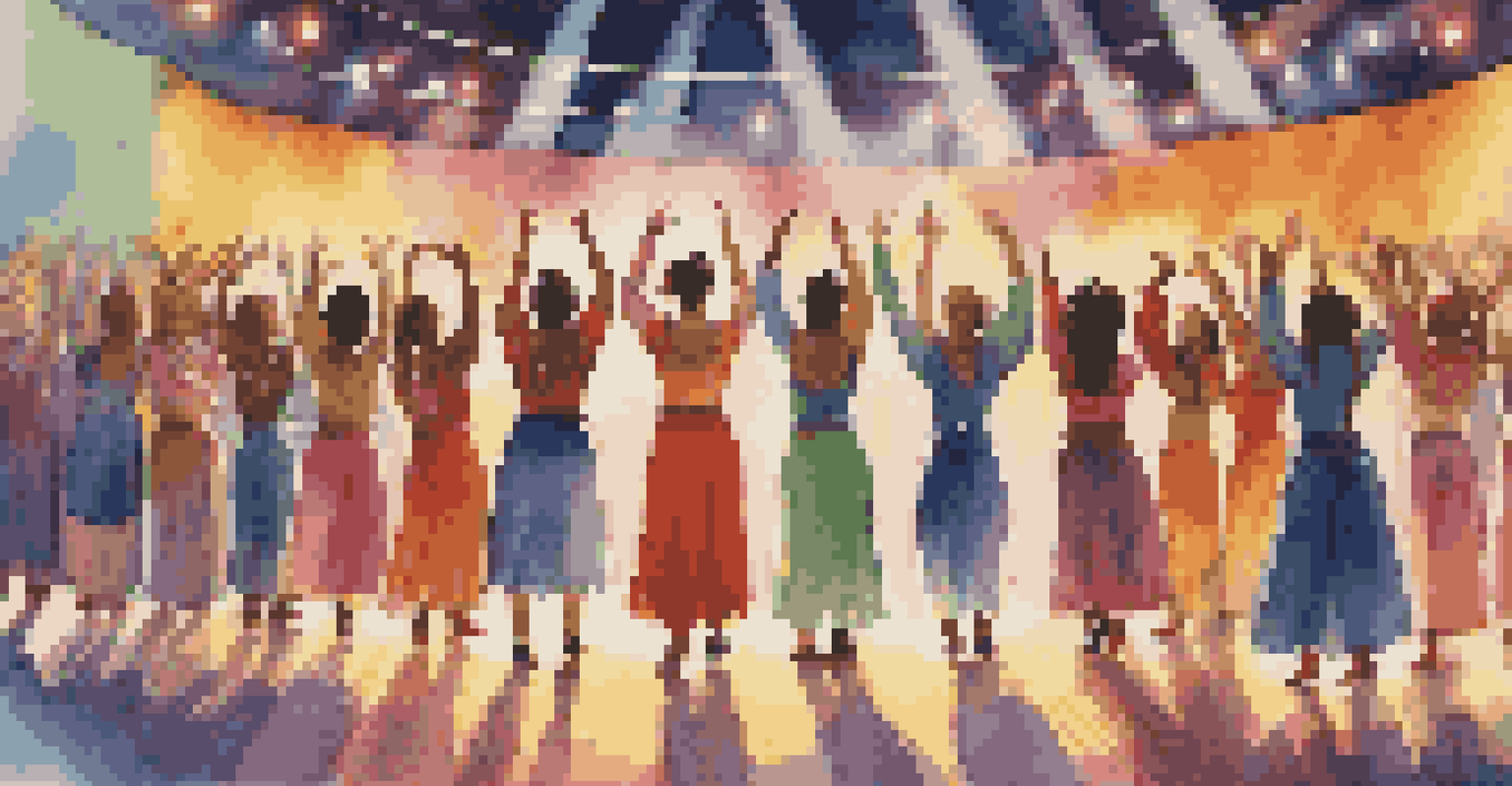 Dancers celebrating together on stage after a performance, surrounded by colorful lights and an audience.