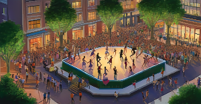 An aerial view of a city plaza filled with people dancing and enjoying a performance under colorful lights at dusk.