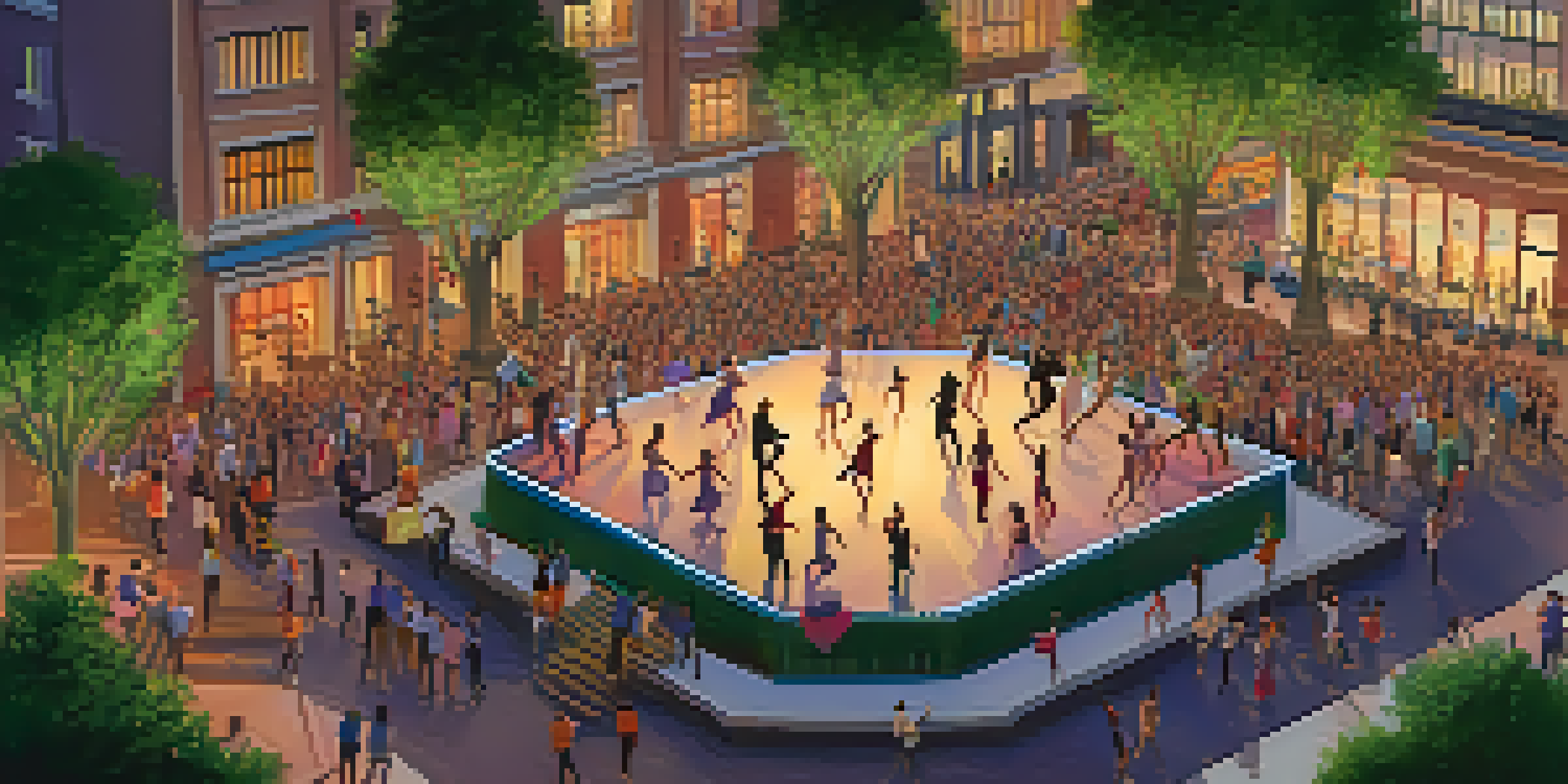 An aerial view of a city plaza filled with people dancing and enjoying a performance under colorful lights at dusk.