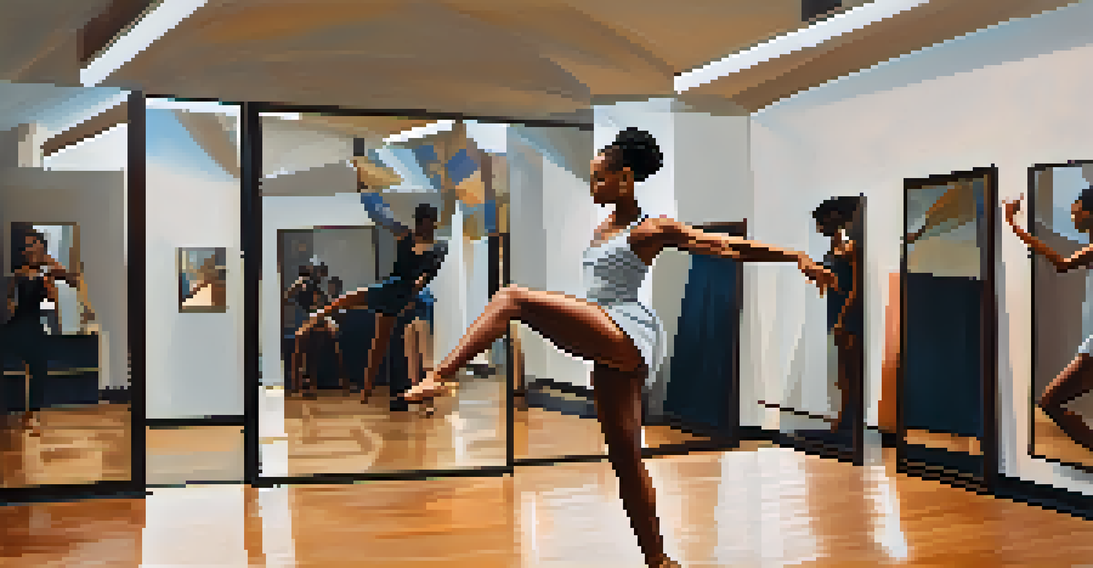 A female dancer of African descent performing a graceful movement in a modern dance studio, blending African and contemporary dance styles.
