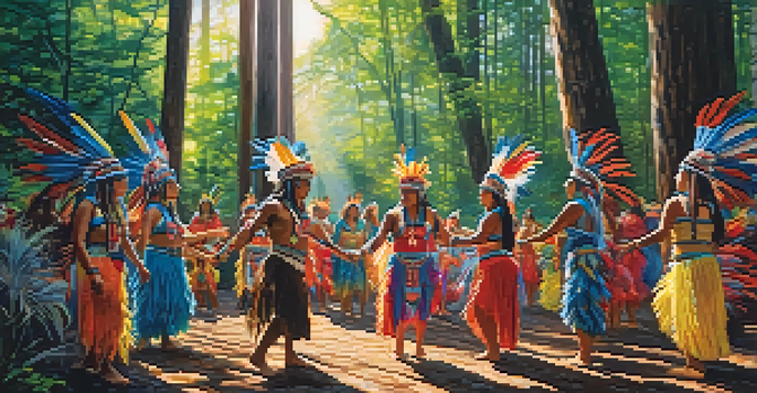A group of Native American dancers in colorful costumes performing in a forest, with sunlight filtering through the trees.