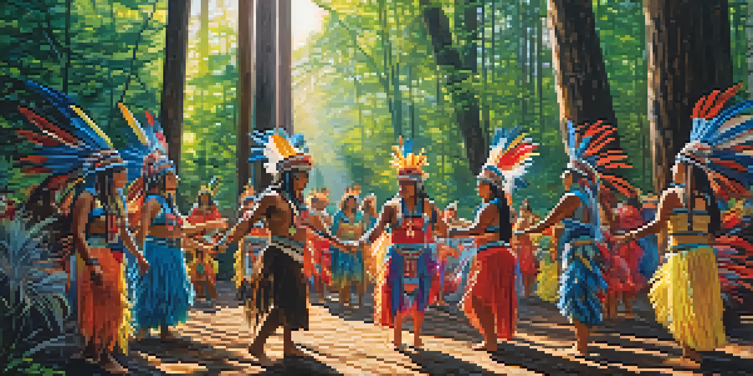 A group of Native American dancers in colorful costumes performing in a forest, with sunlight filtering through the trees.