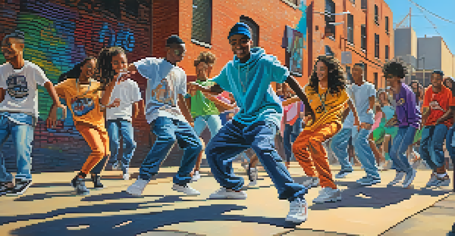 Teenagers performing hip hop dance in front of a graffiti wall, showcasing energetic expressions and colorful outfits.