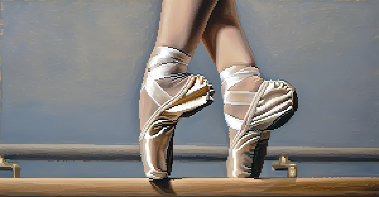 A close-up of a ballerina and a gymnast's feet on a balance beam, showcasing their specialized footwear.