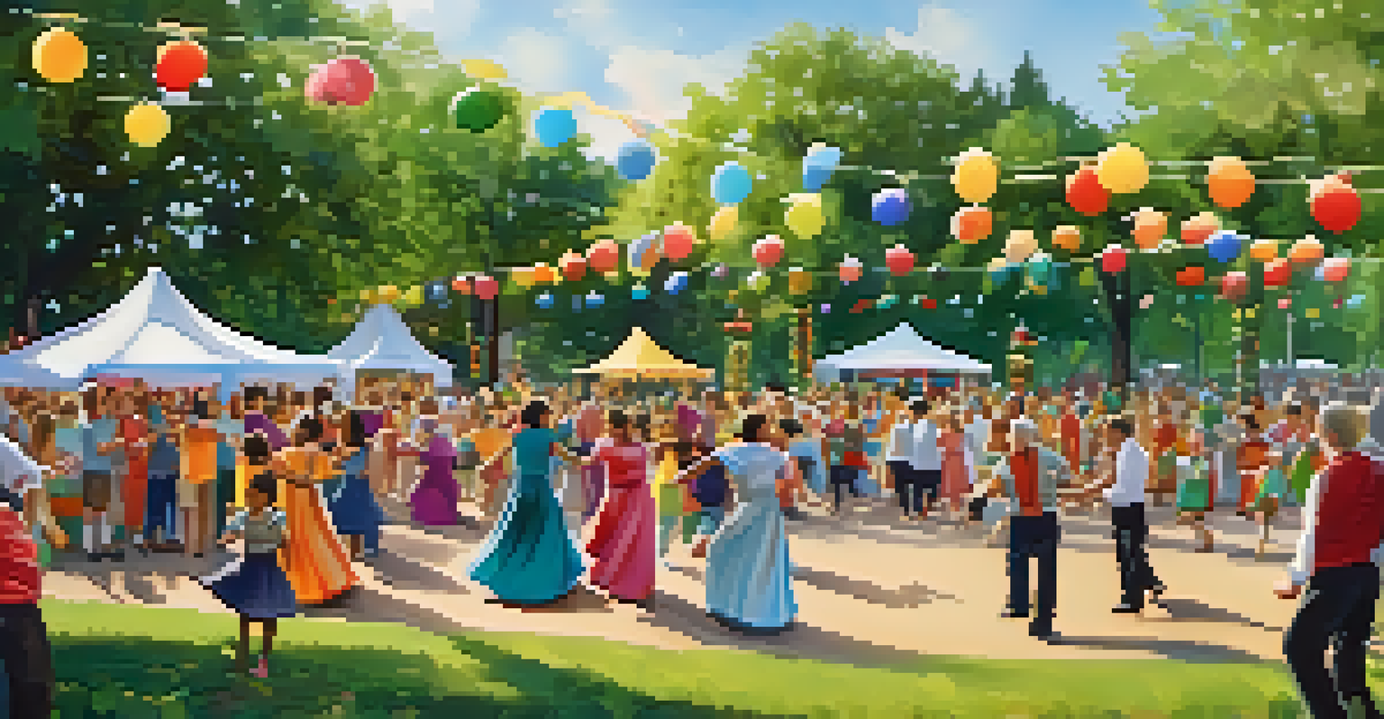 A community dance event in a park with people of all ages participating in a traditional dance, creating a festive atmosphere.