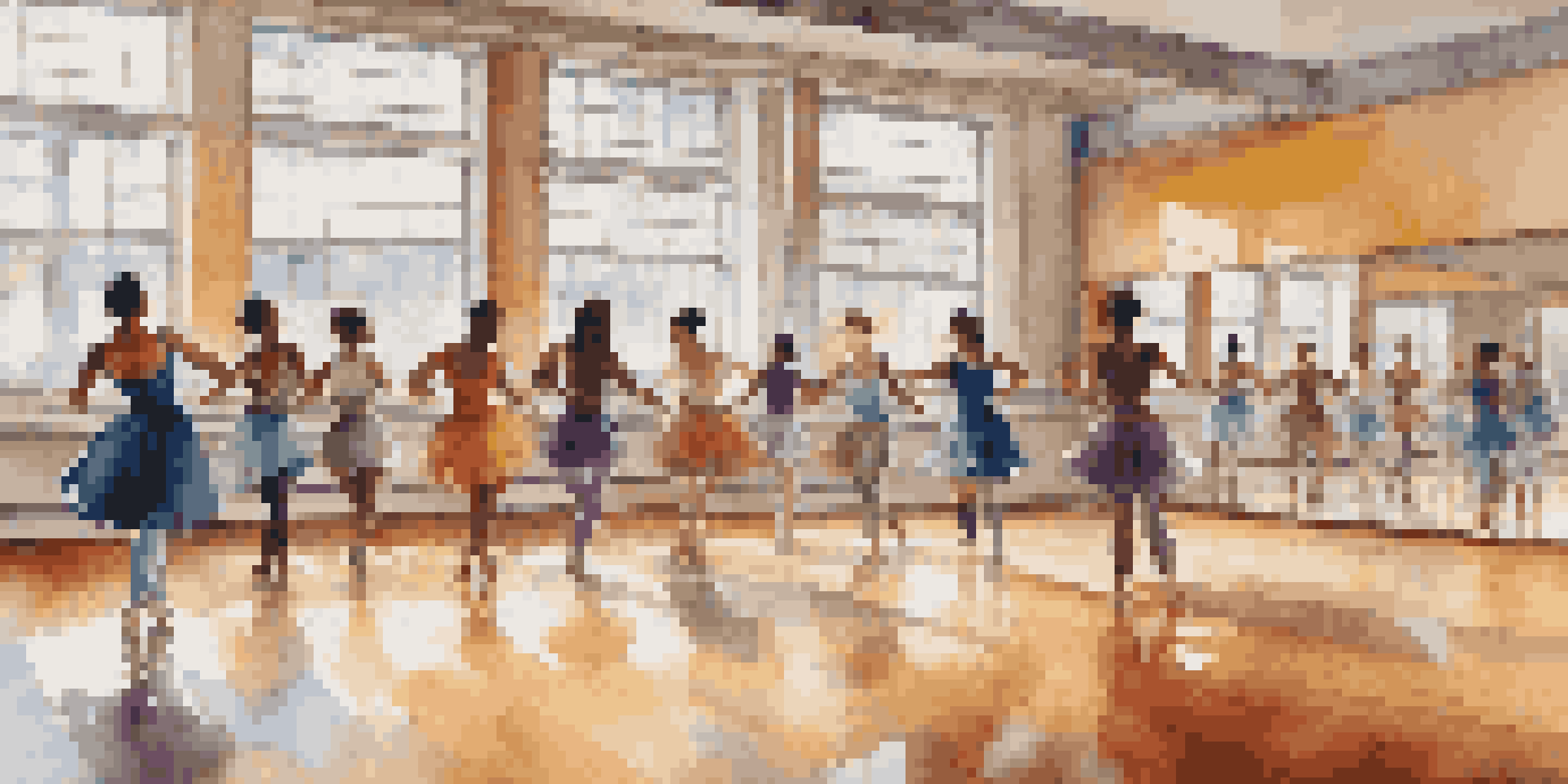 A lively dance studio with diverse dancers practicing together, illuminated by natural light from large windows.