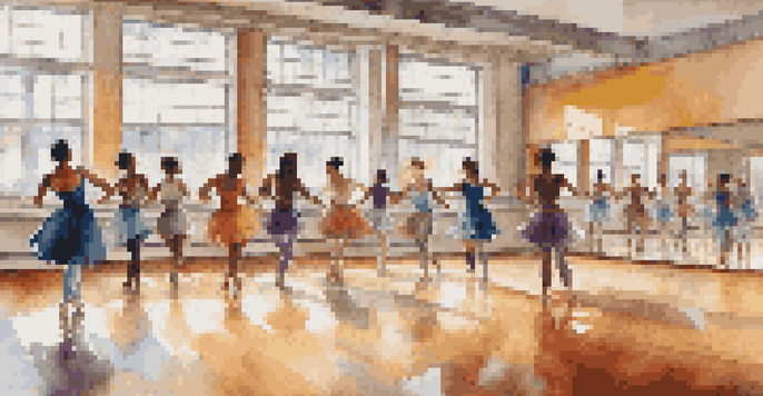 A lively dance studio with diverse dancers practicing together, illuminated by natural light from large windows.