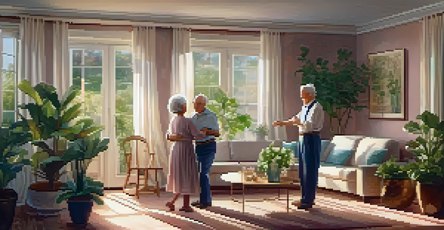 An elderly couple dancing together in a cozy living room filled with family photographs and plants, illuminated by soft sunlight.