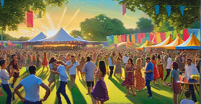 An outdoor dance festival in a green park, with people dancing and colorful decorations, illuminated by solar-powered lights during sunset.