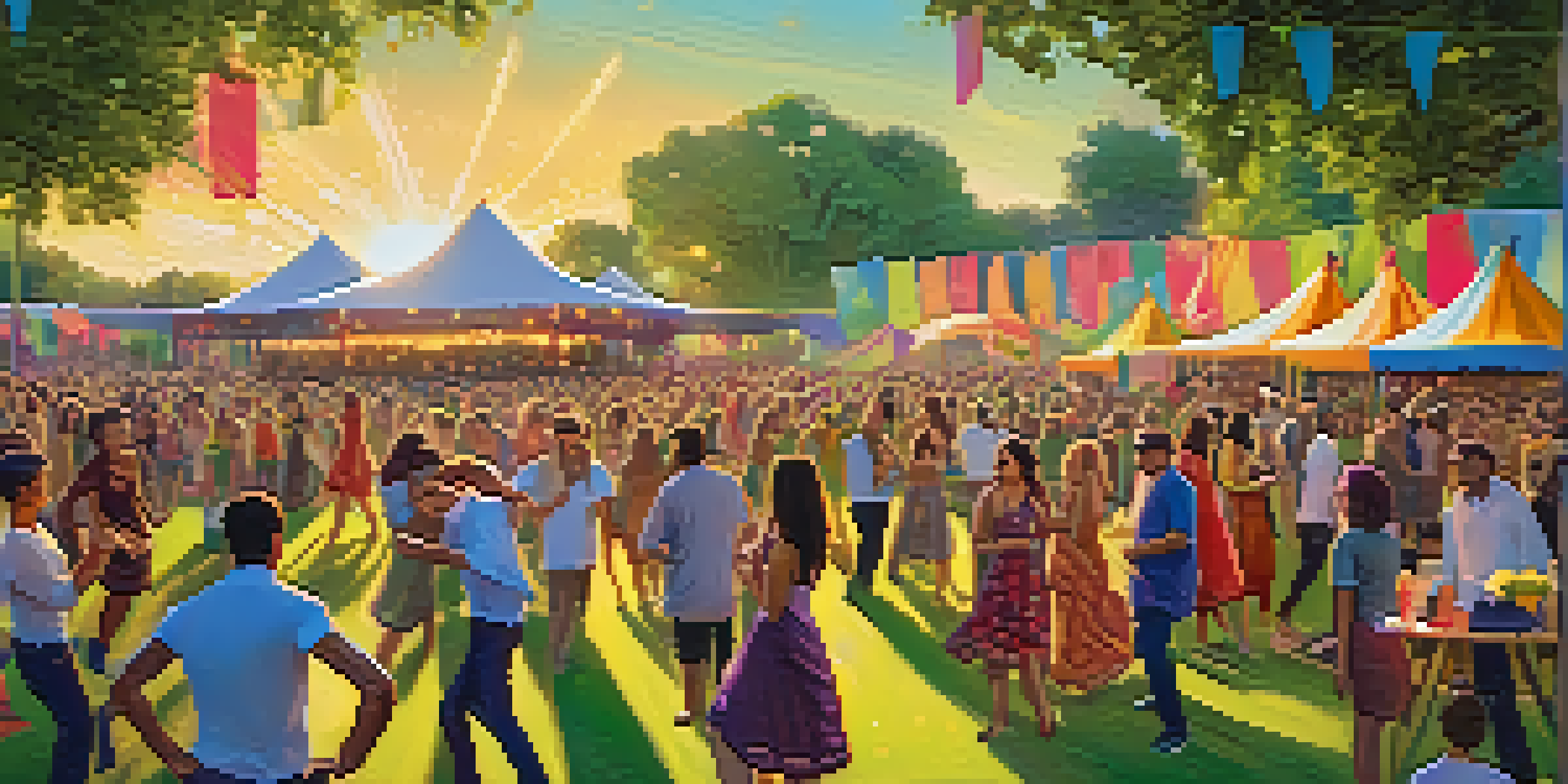 An outdoor dance festival in a green park, with people dancing and colorful decorations, illuminated by solar-powered lights during sunset.