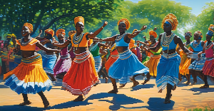 A diverse group of dancers in colorful costumes performing African tribal dance outdoors, surrounded by greenery and a clear sky.