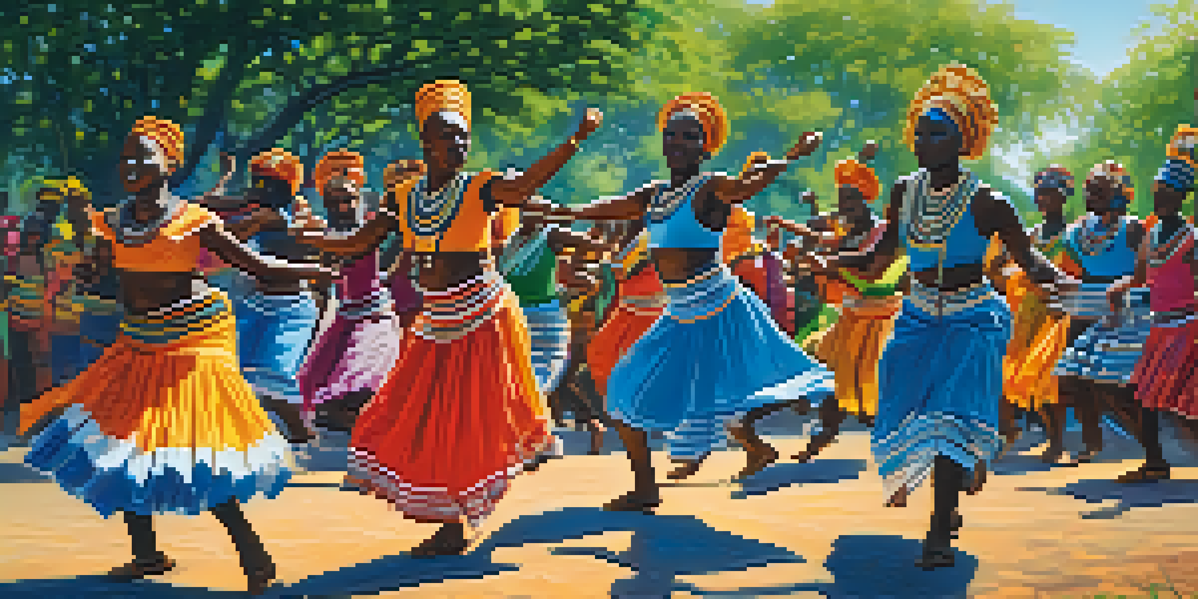 A diverse group of dancers in colorful costumes performing African tribal dance outdoors, surrounded by greenery and a clear sky.