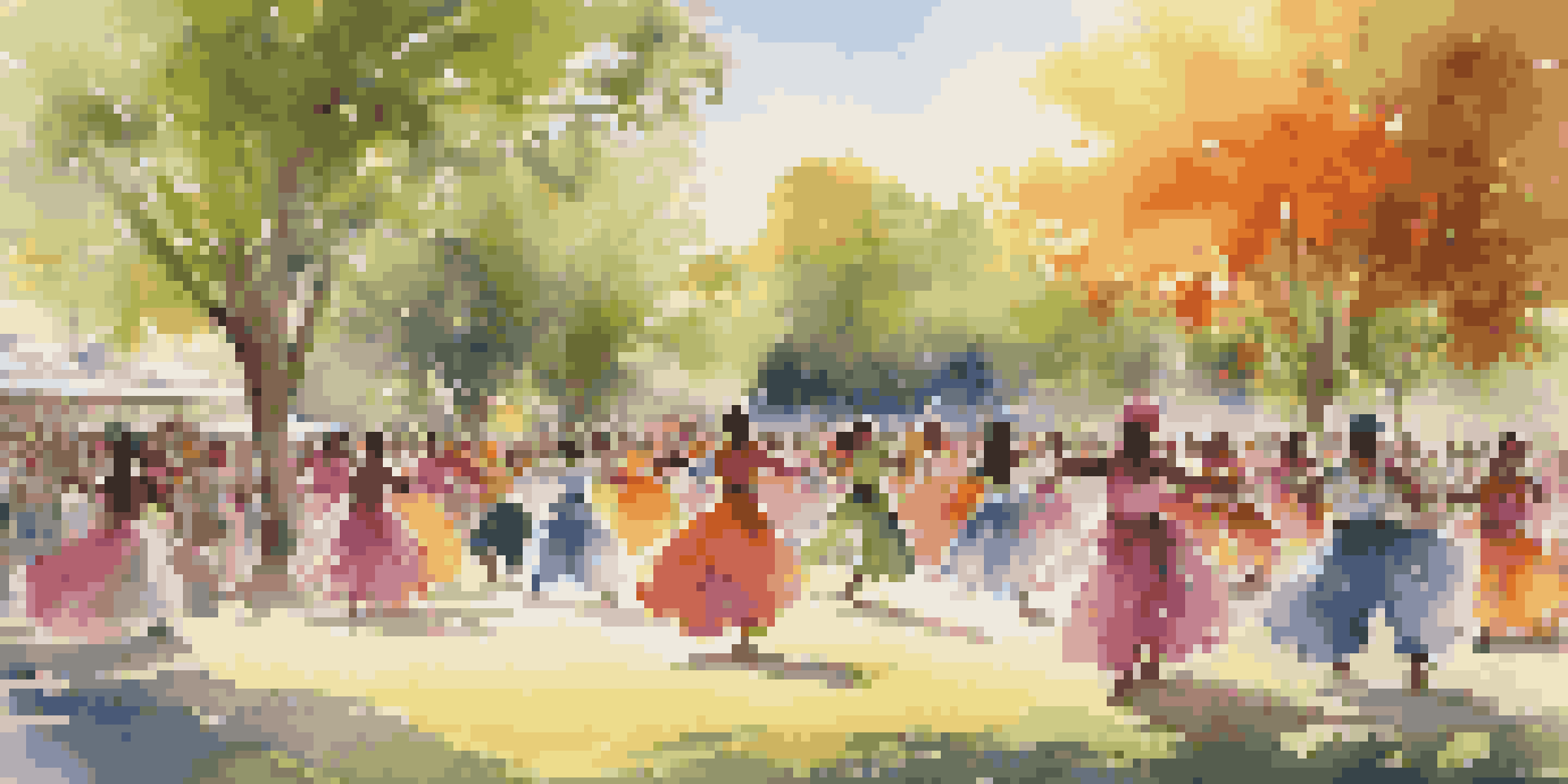 A lively urban park where people of various backgrounds are enjoying a traditional dance performance, with dancers in colorful costumes and spectators clapping.