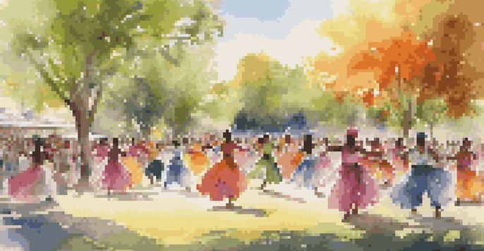 A lively urban park where people of various backgrounds are enjoying a traditional dance performance, with dancers in colorful costumes and spectators clapping.