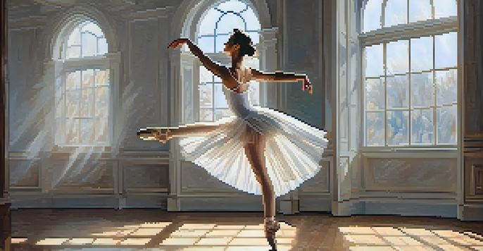 A ballet dancer performing in a well-lit studio, surrounded by mirrors, wearing a white tutu.