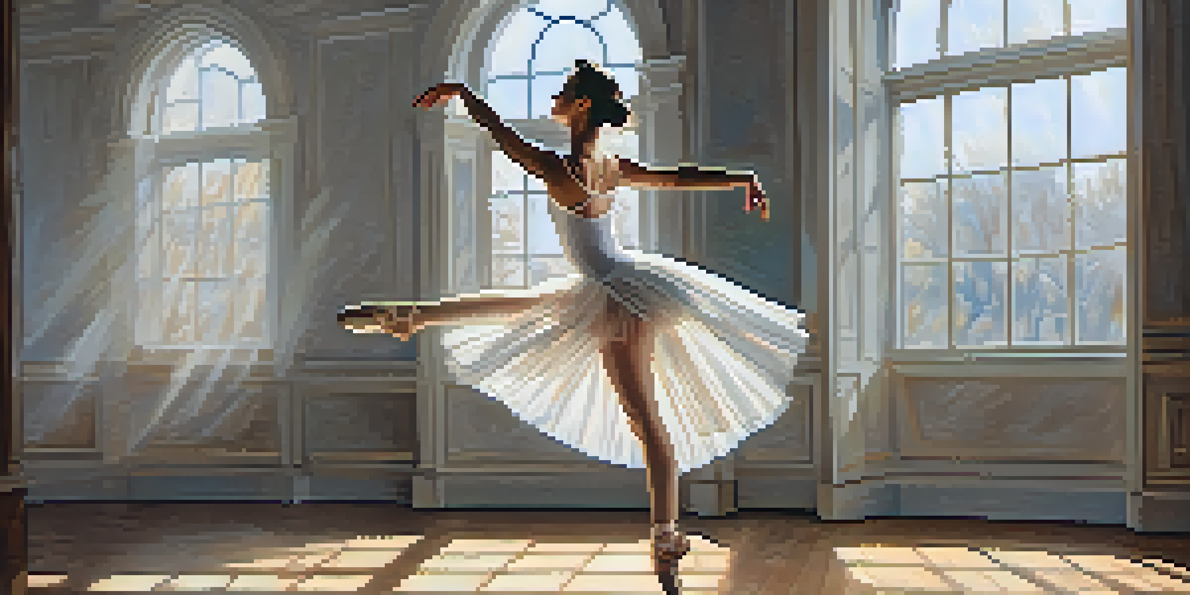 A ballet dancer performing in a well-lit studio, surrounded by mirrors, wearing a white tutu.