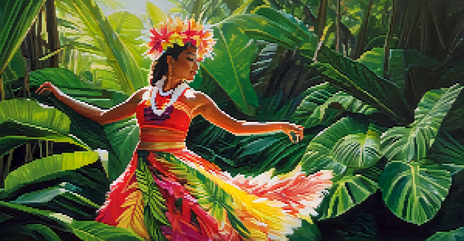 A Hawaiian hula dancer in a feathered headdress performing amidst tropical foliage and flowers, with sunlight filtering through the leaves.