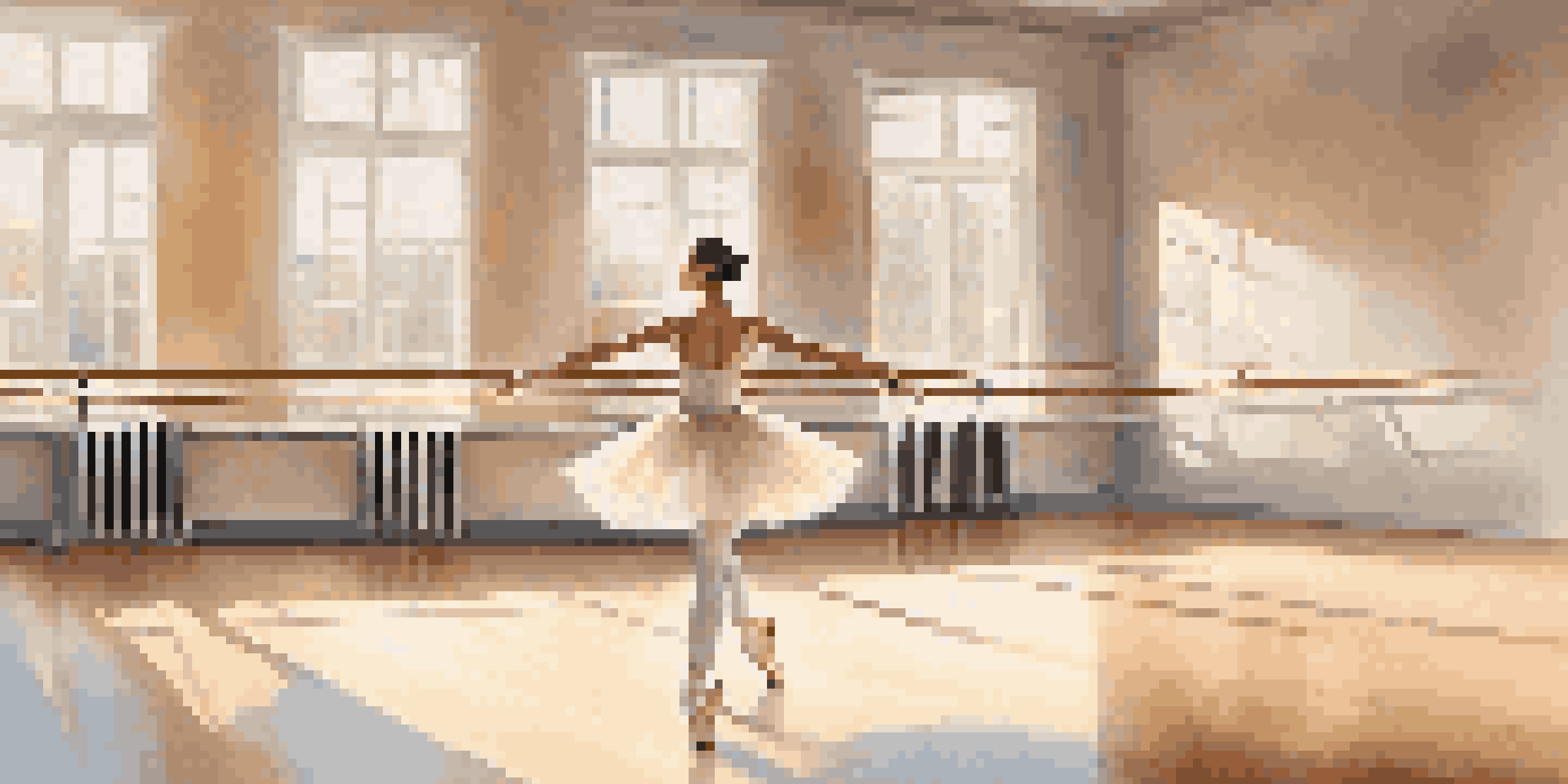 A ballerina practicing at the barre in a bright and airy dance studio, with wooden floors and large windows.