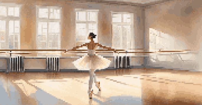 A ballerina practicing at the barre in a bright and airy dance studio, with wooden floors and large windows.