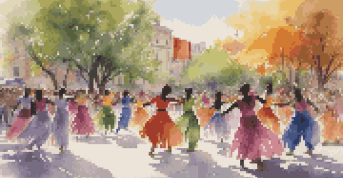A lively street performance featuring a diverse group of dancers in colorful costumes, with an enthusiastic audience and banners promoting social justice.