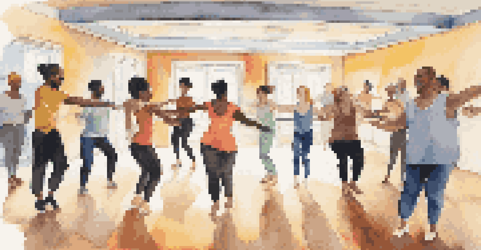 A group of diverse individuals dancing in a circle during a therapy session, showcasing various dance styles and expressions of joy.