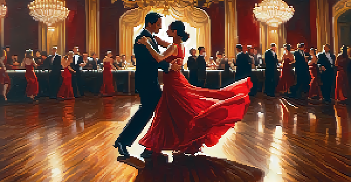 A couple performing a passionate tango dance in a dimly lit ballroom, with a spotlight highlighting their movements and elegant decor in the background.