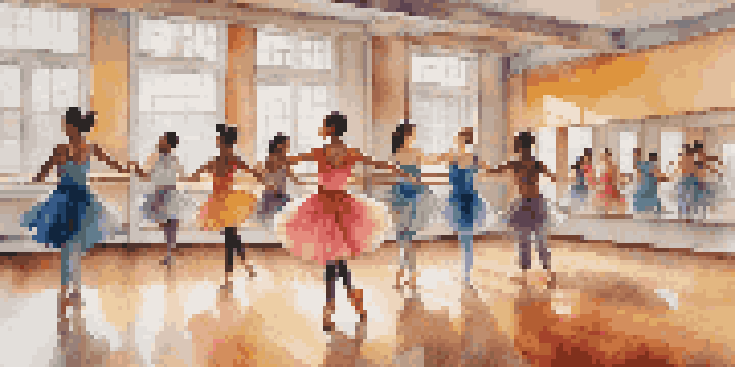 A bright dance studio with a diverse group of dancers practicing together, showcasing joy and confidence in their movements.