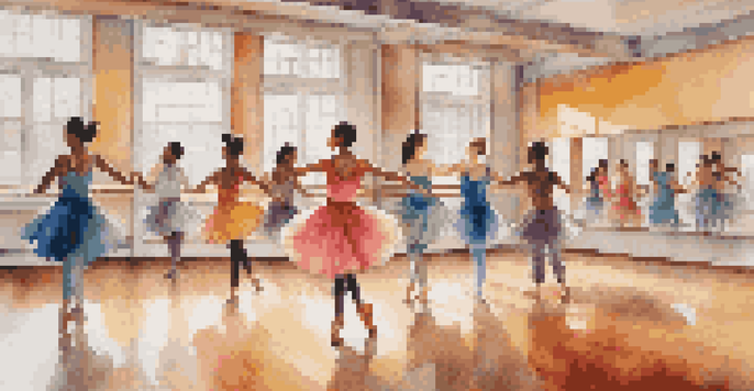 A bright dance studio with a diverse group of dancers practicing together, showcasing joy and confidence in their movements.