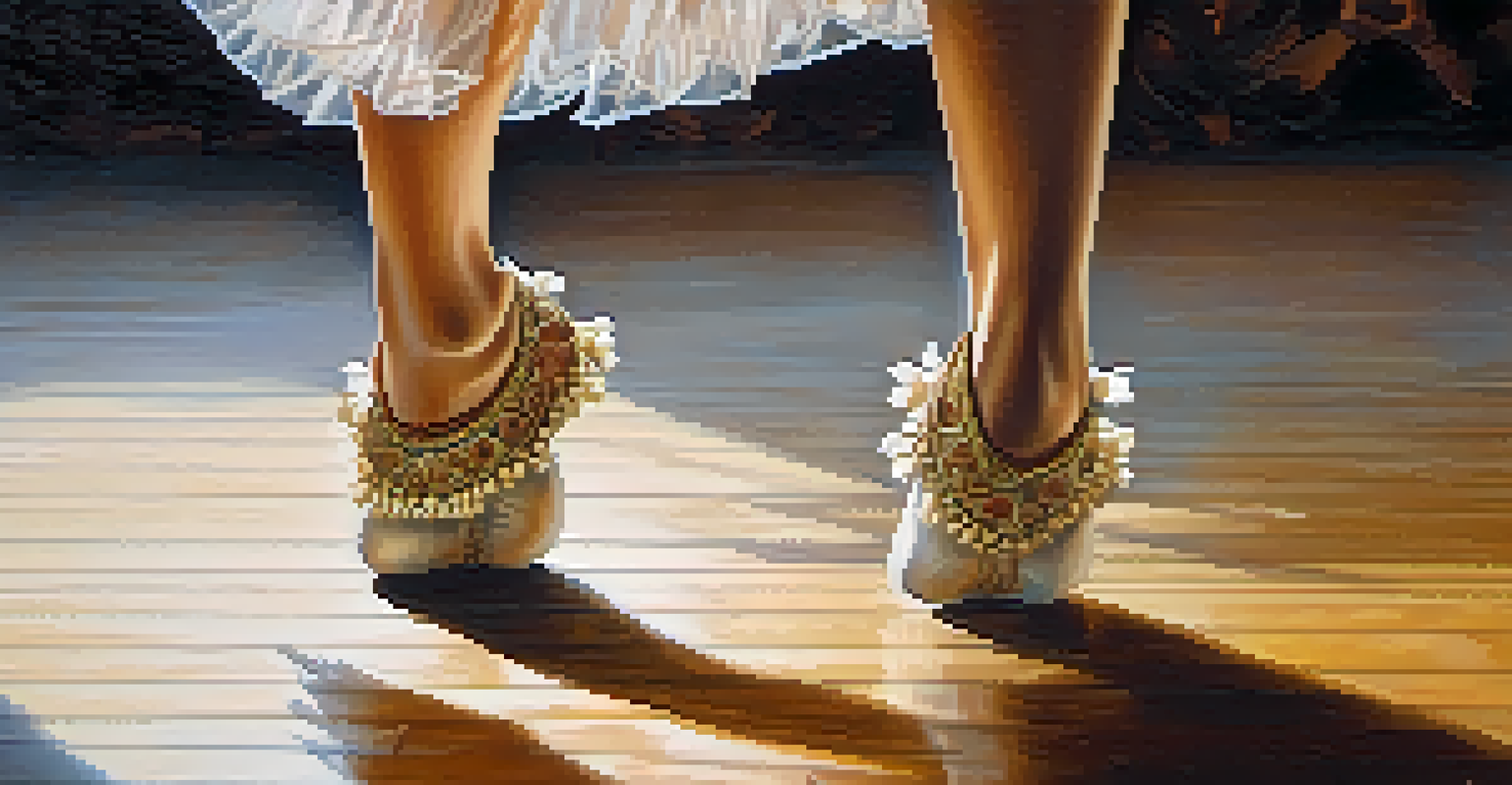A close-up view of a dancer's feet adorned with ankle bells, moving gracefully on a polished wooden floor.