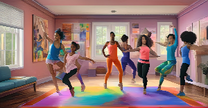 A group of diverse dancers participating in a virtual dance class, showcasing various styles and backgrounds with bright colors and a cozy home environment.