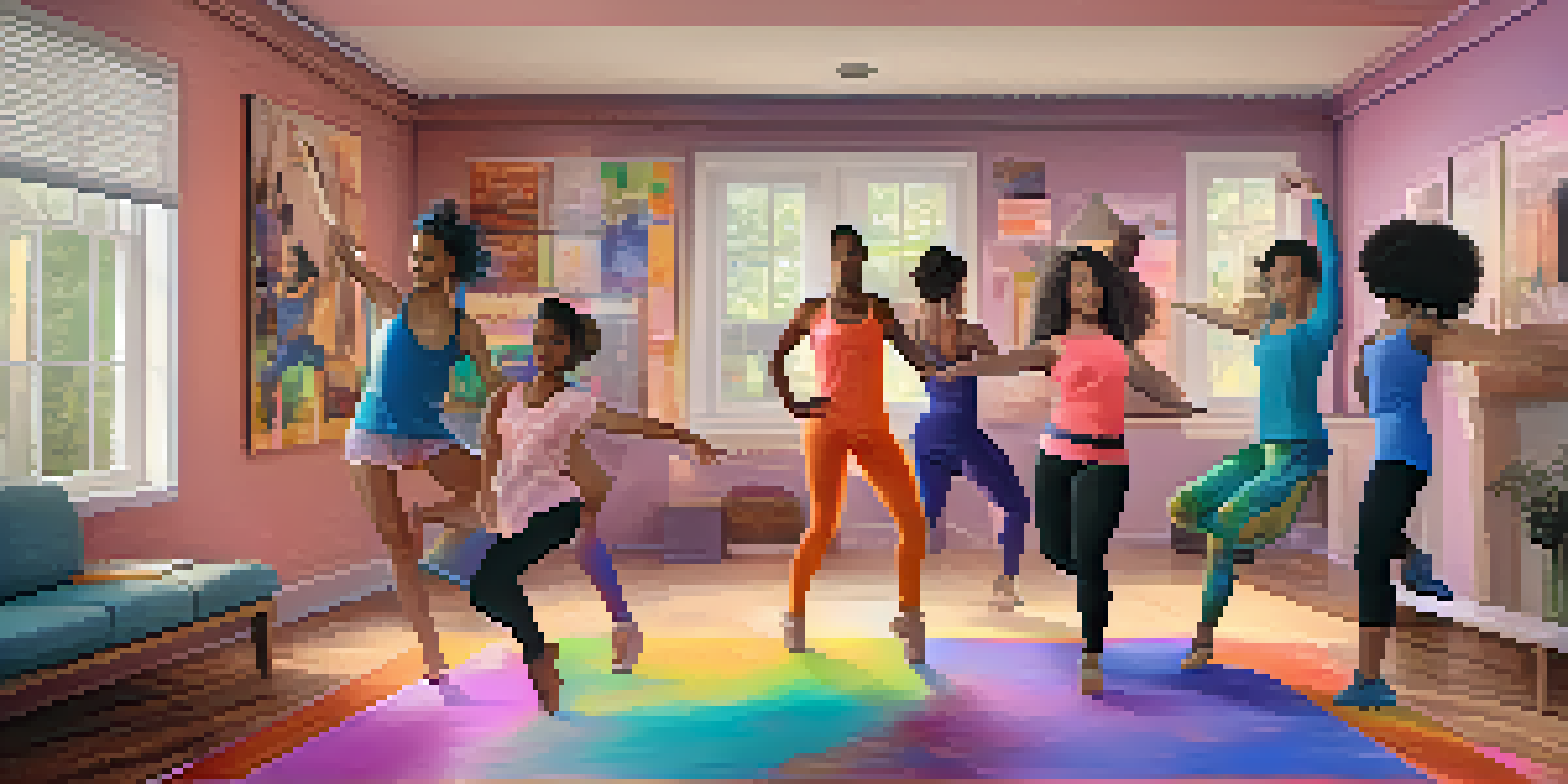 A group of diverse dancers participating in a virtual dance class, showcasing various styles and backgrounds with bright colors and a cozy home environment.
