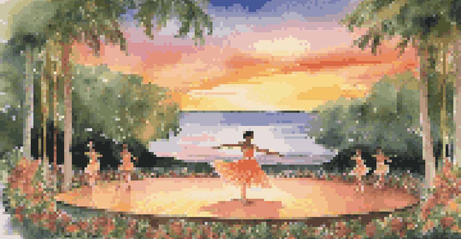 A dancer performing on an outdoor stage at sunset, merging ballet and Hawaiian hula amidst a backdrop of lush greenery.