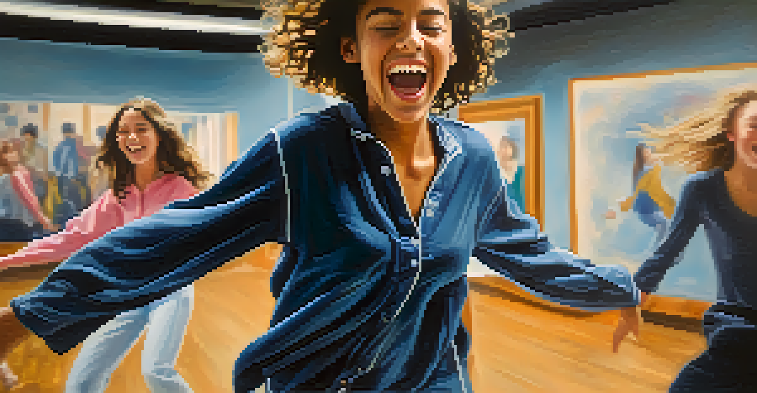 A close-up of a joyful student dancing in a studio, with flowing clothing and a focused expression, bathed in soft light.