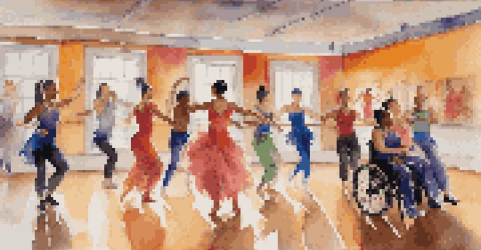 A diverse group of dancers, including a person in a wheelchair, performing together in a colorful dance studio filled with mirrors and warm lighting.