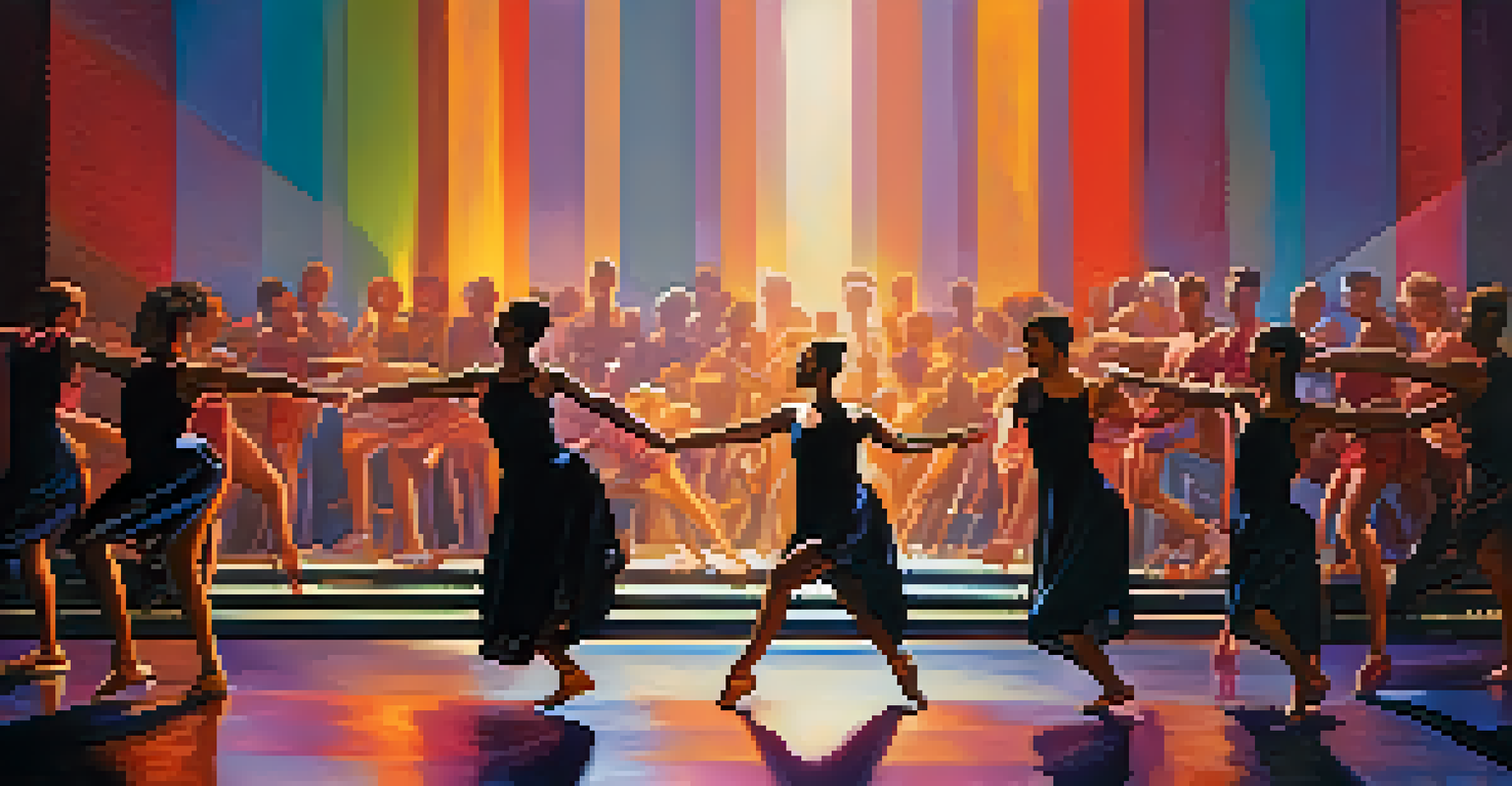 A contemporary dance performance on stage in a New York City theater, showcasing dancers in dynamic poses under colorful stage lights.
