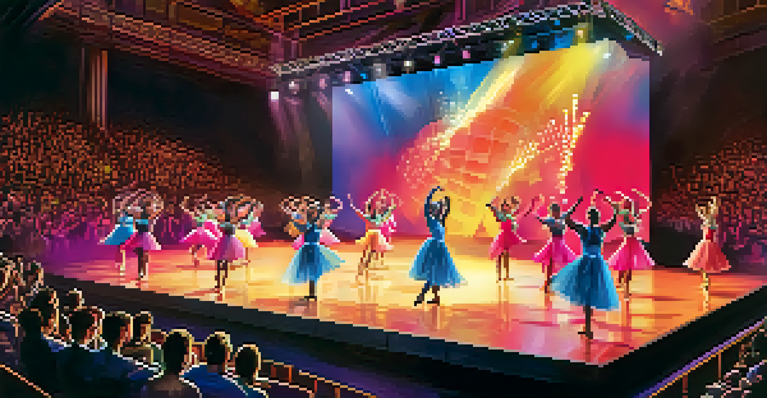 Dancers performing on a competition stage in creative costumes, illuminated by colorful lights with an engaged audience in the background.